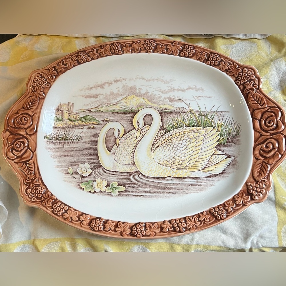 Rare Vintage XL Double Swan Floral Edged Majolica Transferware Platter